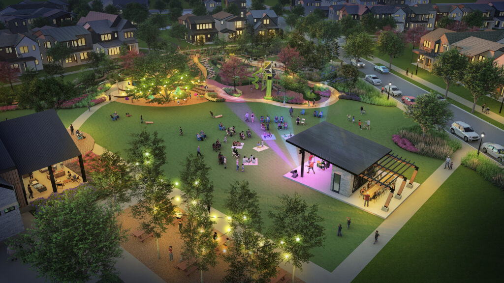 Nighttime rendering of The 1824 at Austin Point showing concert lawn, stage lighting, and community gathering.