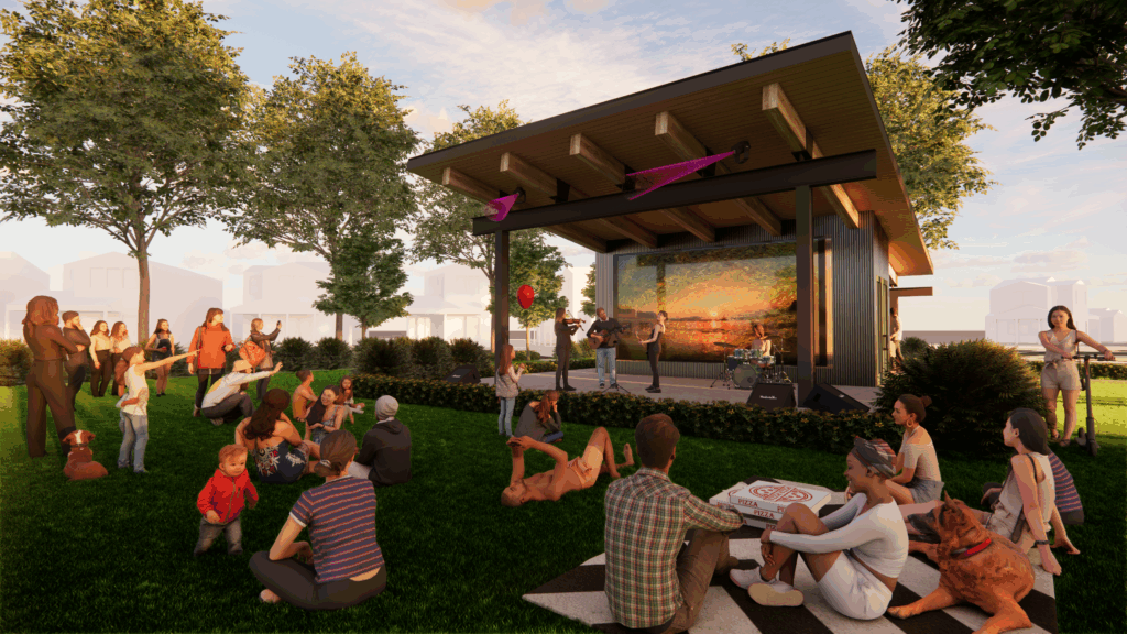 Rendering of The 1824’s outdoor stage during a live music performance with community members sitting on the lawn.